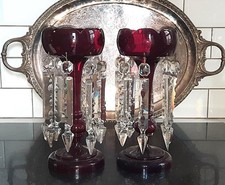 Beautiful Pair of Victorian Antique Crocus Form Ruby Red Glass Mantle Lustres