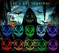 Halloween Purge LED Mask Stitches  Light Up Neon Cosplay Mask Party Horror UK