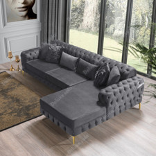 Luxury Chaise Longue Corner Lounge Chesterfield Velvet Settee Couch Suite Sofa