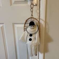 Vintage 1980’s Pierrot Clown In Black & White Costume on wicker hanging chair 