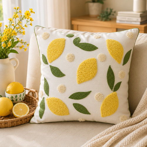 Embroidered lemon cushion - lemon,