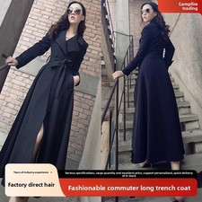 Knee Length Trench Coat Slim Fit Long Lace Up Collar Belted Waist Large