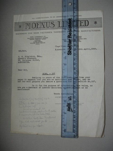 1926 moenus ltd letter - moenus, shoe