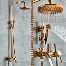 Antique Brass Shower Mixer Bathroom Twin Head Round Bar Set Bathtub Spout kit