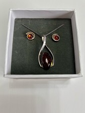Argento silver amber pendant necklace earring boxed gift set