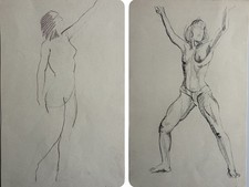 Mid century 2 Vintage Female Nude Life Drawings – Expressive Figure Sketches 