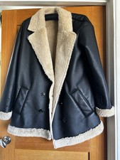 Winter Jacket Size 12  Black Faux Leather With Cream Fake Fur Lining Pocket