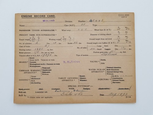Engine record card 3443 43443 - 3443,