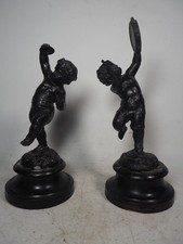 Pair of Antique Spelter? Cherub Figures Playing Instruments on Wood Bases