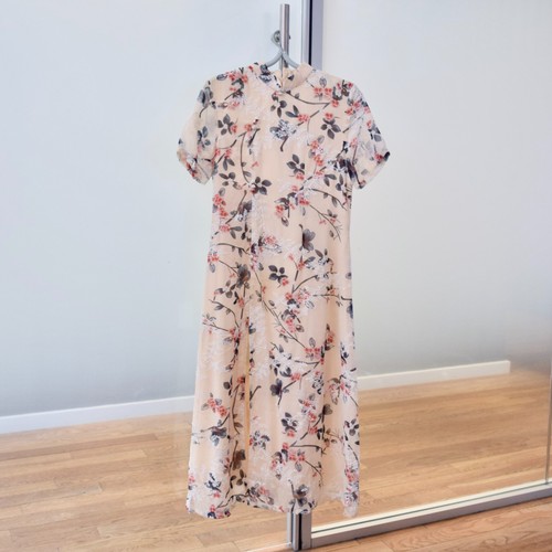 Beige red flora chiffon aodai - red,