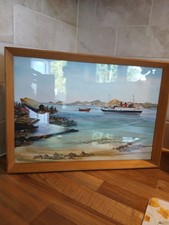 Vintage 1987 Framed Artwork Pale Wood Frame Clear Glass Boats Sea