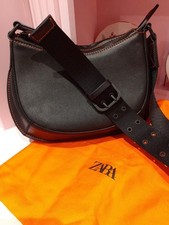 Zara  Black Leather Shoulder Bag With Orange Topstitching  "Purple Amour"