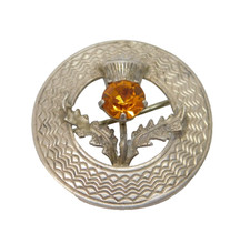 Scottish Sterling Silver Citrine Set Thistle Brooch Pin Antique c1940 Deco