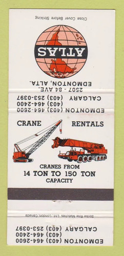 Matchbook cover atlas - atlas, crane