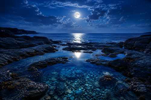 Moonlit ocean rock pool poster - rock,