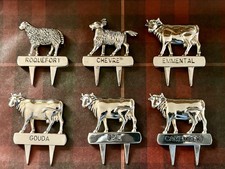 Vintage French Silver Plated Cow & Sheep Cheese Markers X 6 Mid Century