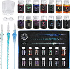 19 Pieces Glass Dip Pen Ink Set, 3 Crystal Pen with 14 Colorful Inks and Holder,