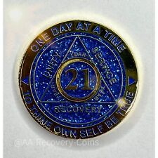 21 Year Alcoholics Anonymous Medallion Blue Gold Plated AA Sobriety Chip Coin