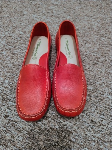Ladies red leather moccassin - red,