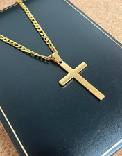 9ct Solid Cross Crucifix Pendant Figaro Chain 60cm Necklace Gold Filled