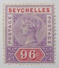 SEYCHELLES QV 1890 96c Mauve & Carmine (SG8) - Mounted Mint, No Gum - €80