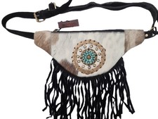 WESTERN LEATHER COWHIDE Bum Bag with Fringe - Women Festival Fanny Pack - Small