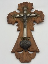 Ornate Vintage French Crucifix Croix Cross Wood Metal Jesus Holy Water Front