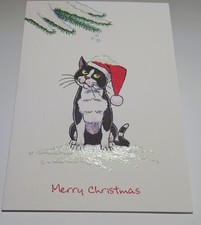 BLACK & WHITE CAT CARTOON CHRISTMAS CARD