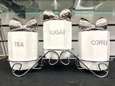 Tea Coffee Sugar Jar With Stand White Ceramic Storage Set Air Tight Canisters
