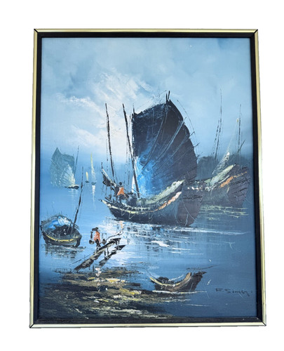 Chinese junk ship blue oil - ship,