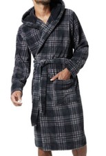 New Mens Super Soft Fleece Hooded Check Dressing Gown Cosy Robe Black Size L