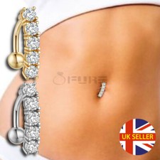 Women Reverse Belly Button Cubic Zirconia Bar Navel Ring Piercing Surgical Steel