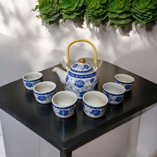 Chinese Tea Set - Blue and White - Peony Pattern - 6 Small Cups - Gift Box