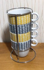 Stackable Mugs X4 Sainsbury’s Metal Holder Grey And Yellow 