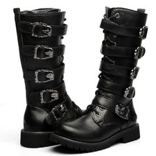 Mens Steampunk Leather Combat Boots Knee High Army Military Shoes Buckle Gothic+