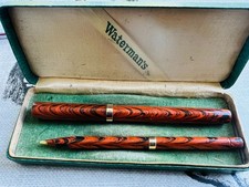 Watermans 52 "Red Ripple"fountain pen & pencil set, 14k Flex M nib,9k bands 1928