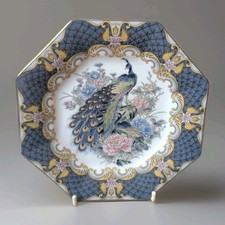 Octagonal Imari Style Peacock  Decorative Plate Blue Golden 18 Cm