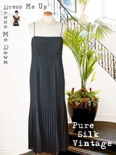 Fabulous Y2K Vintage 20's 30's Style Black Silk Maxi Dress Pleated Size 12