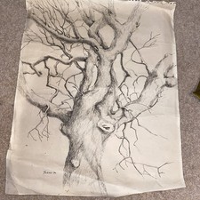 Large 1972 20th c signed pen & ink drawing Gnarled tree