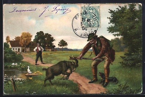 Hunter with rifle and - a, billy