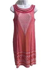 NEW Sandra Darren Stylish Gold Chain Pink Patterned Stretch Dress Size UK 10