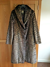 Biba Faux Fur Brown Leopard Print Coat Long Length Size 10 Small New