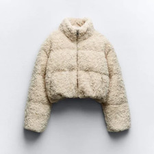 ZARA CROPPED FAUX SHEARLING PUFFER JACKET Cream White size S. Ex display,no tags