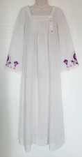 Ladies Vintage Linen Kaftan Dress Cream Embroidered Maxi Boho Folk S/M 