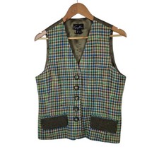 Vintage Suzelle Womens Tweed Waistcoat UK 10 Seahorse Embroidery Tartan Check