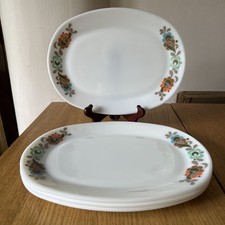 Set Vintage JAJ Pyrex Carnaby Pattern Oval Steak Dinner Plates x 4 Milk Glass
