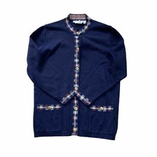 Vintage Old Money Grazia Button Up Navy Check Rim Cardigan Size 16 Long Sleeve