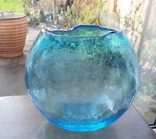 Large Spherical Blue Crackle Glass Vase / Bowl  with Melted rRm - 9" Tall