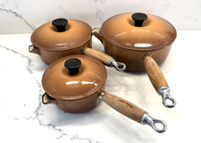 Le Creuset Brown Saucepan Set 3 Pans & Lids Cast Iron 14/ 18 / 22 Vintage France