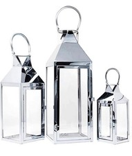 3 Set 24 Inch Modern Indoor Candle Lantern  Silver Stainless Steel  Glass Pyrami
